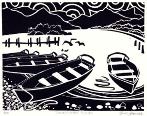 Derwentwater Boats. Linocut print by Emily Brooks Derwentwater Boats. Linocut print by Emily Brooks