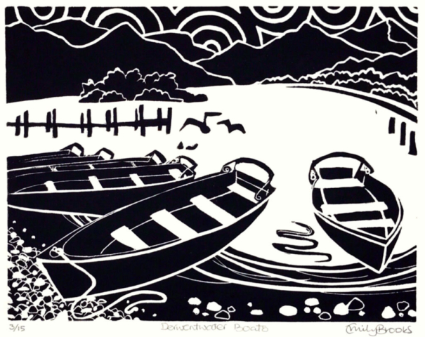 Derwentwater Boats. Linocut print by Emily Brooks