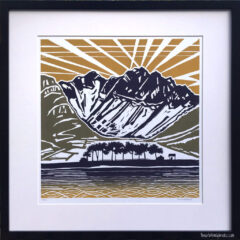 Trees_Cottage_Mountain. Multi-block linocut by Emily Brooks Trees_Cottage_Mountain. Multi-block linocut by Emily Brooks