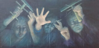 Artist Joan Prickett ‘Three Puppeteers’ Oil on Board 40×81.5cm