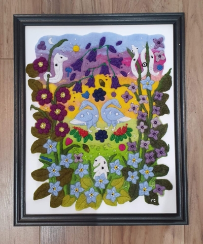 Beasts, Runes & Flowers Wet felted artwork