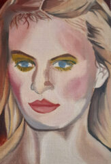 Woman in green eyeshadow, Oil by Caroline Lumsden